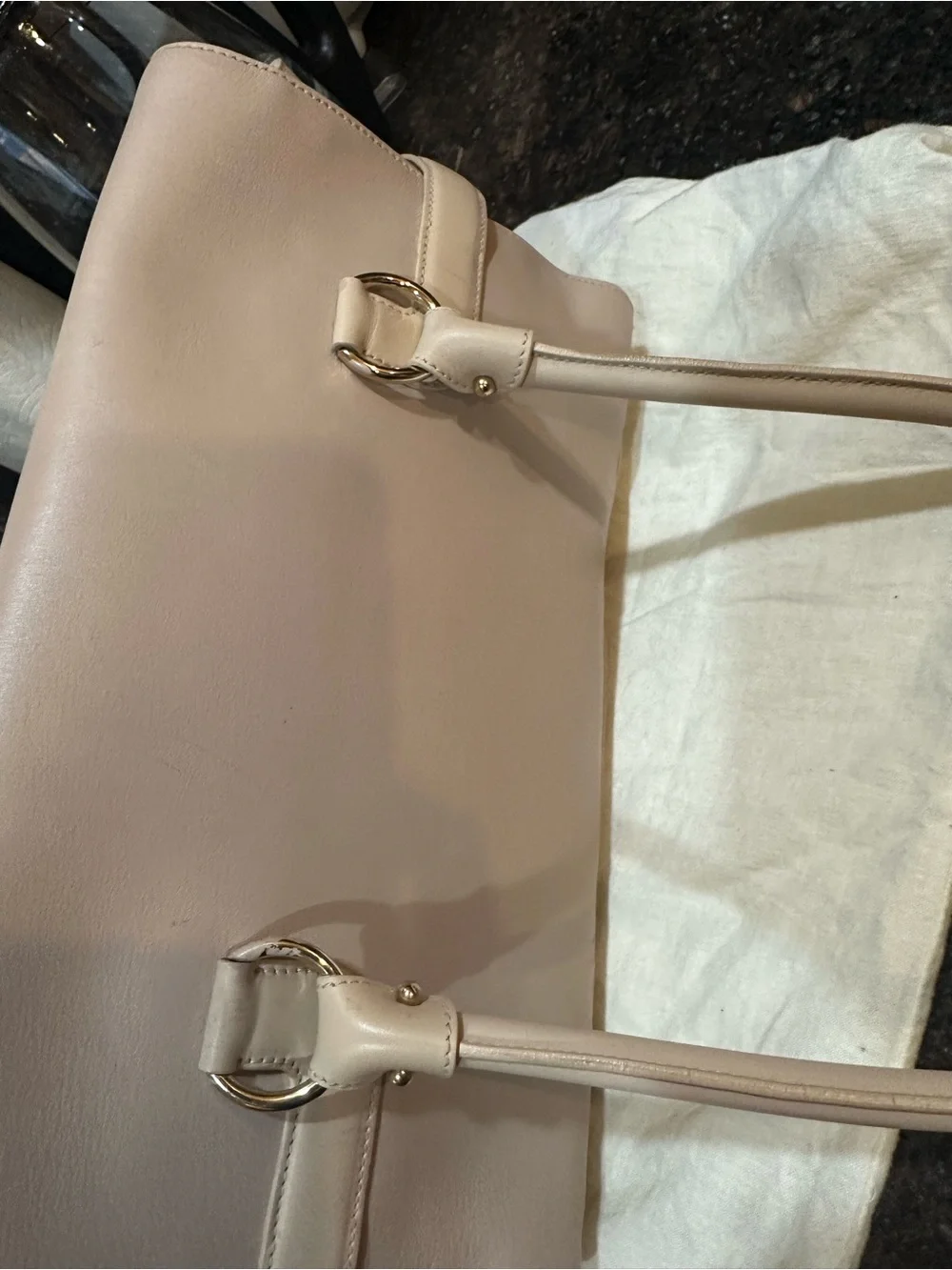 Authentic Salvatore Ferragamo Gancini Leather Tote Shoulder Bag Cream Beige READ